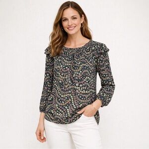 LOFT Garden Dobby Ruffle Floral Blouse | Peasant Style | L